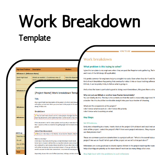 Work breakdown template. Three overlapping views of the workbreakdown template including How to Use.