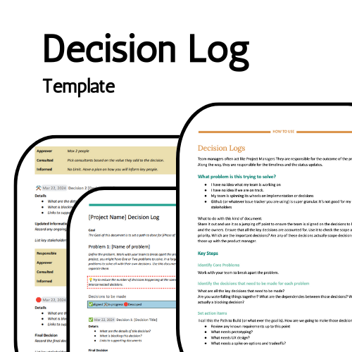 Decision Log template. Three overlapping views of the decision log template including How to Use