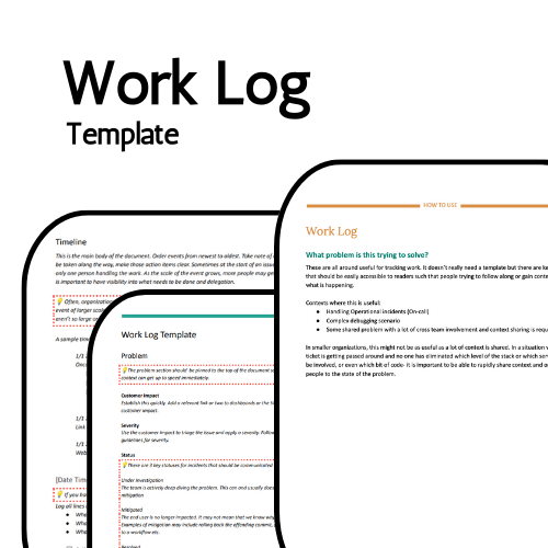 Work Log template. Three overlapping views of the work log template including How to Use.