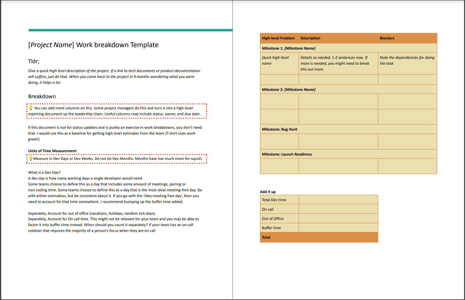 Project work breakdown template with inline help and tips. table of milestones and descriptions. explanation of units of time measurement