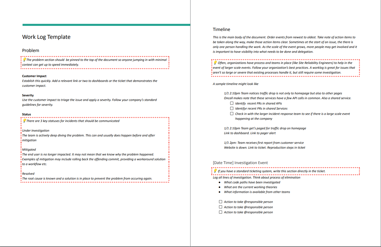 Work Log Template including problem for customer impact, severity and status. Timeline section with sample and types of events. inline tips available