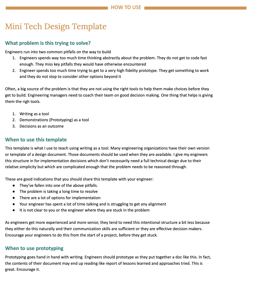 mini engineering technical design template how to use document. what problem is this trying to solve, hwen to use this template, when to use prototyping