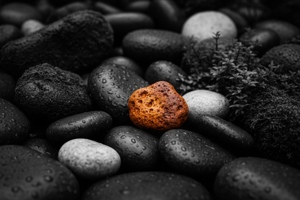 A moody, high-contrast photograph of a cluster of smooth stones with one uniquely colored orange stone standing out. Deep greens and shadows, natural composition, textured and organic, no people. Editorial style, evokes clarity and focus.
