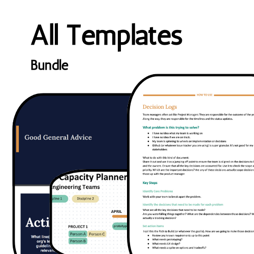 All templates bundle. Three overlapping views of the decision log template including How to Use, a low fildelity capacity planner and a screengrab of a feedback training session